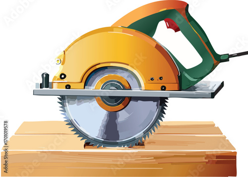 Circular Saw Placed on Wooden Block with Sharp Blade for Carpentry Work
