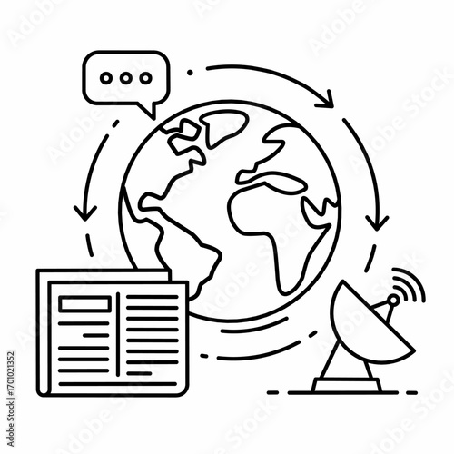 Global communication icon, world news and satellite connection