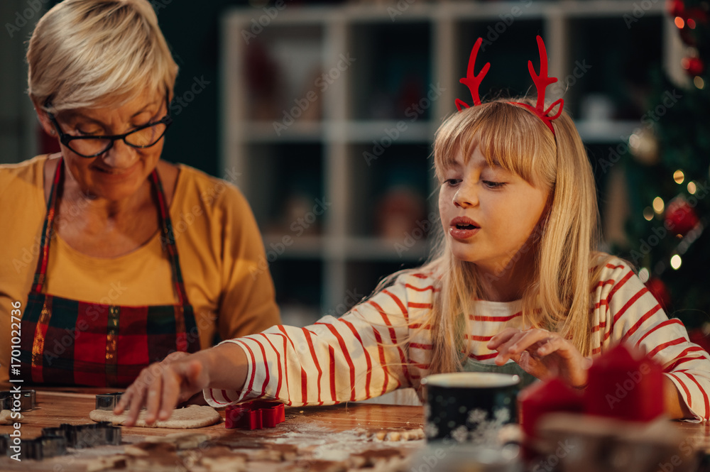 Fototapeta premium Grandmother and granddaughter making christmas cookies together