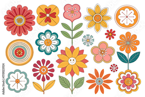 Groovy Flower Power Stickers PNG Set – Retro 70s Colorful Flowers, Flat Illustration, Transparent Background