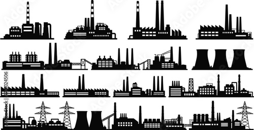 Industrial building silhouettes, factories, chimneys, cooling towers, storage tanks, manufacturing plants, power stations, refineries, black vector illustration, industry infrastructure
