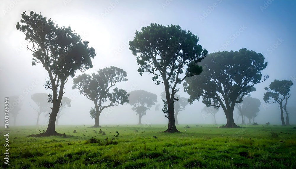 Fototapeta premium Misty morning landscape with tall trees