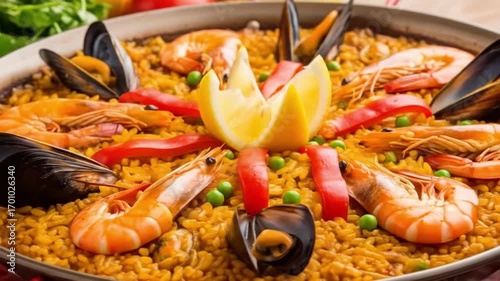 Traditional Spanish seafood paella with shrimp mussels rice and lemon