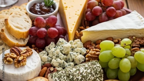 Assorted cheese platter with bread grapes nuts and crackers close up