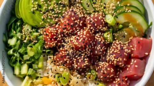 Fresh poke bowl with tuna avocado cucumber rice and sesame seeds