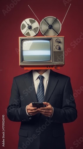 Man in business suit with retro television head holding smartphone