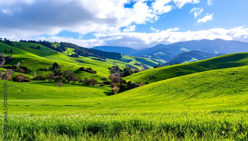 Fototapeta premium Lush green hills under a partly cloudy sky