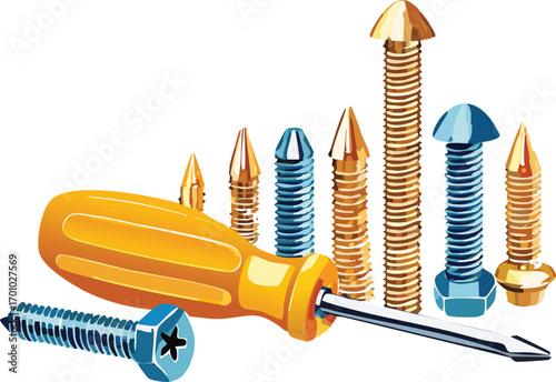 Neatly Arranged Screwdriver with Scattered Screws Illustration