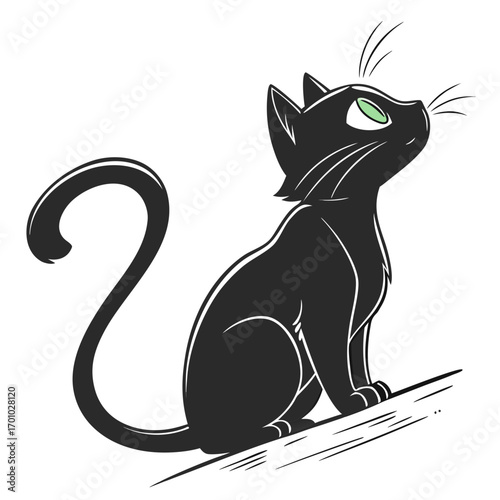 Sleek black cat silhouette vector illustration looking upwards with curled tail