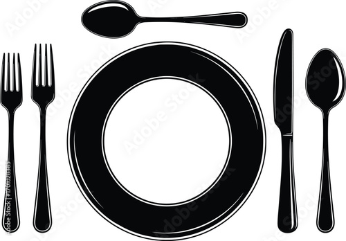 Formal place setting silhouette, dining etiquette, plate, forks, knife, spoons, tableware arrangement, Western table setting, hospitality training, restaurant service, black vector illustration