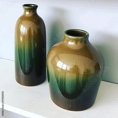 Title:
Two ceramic vases with brown to dark green gradient on white surface