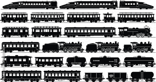 Train silhouettes, high‑speed trains, steam locomotives, passenger railcars, freight cars, caboose, tank car, hopper car, railway transportation, black vector illustration, vintage and modern