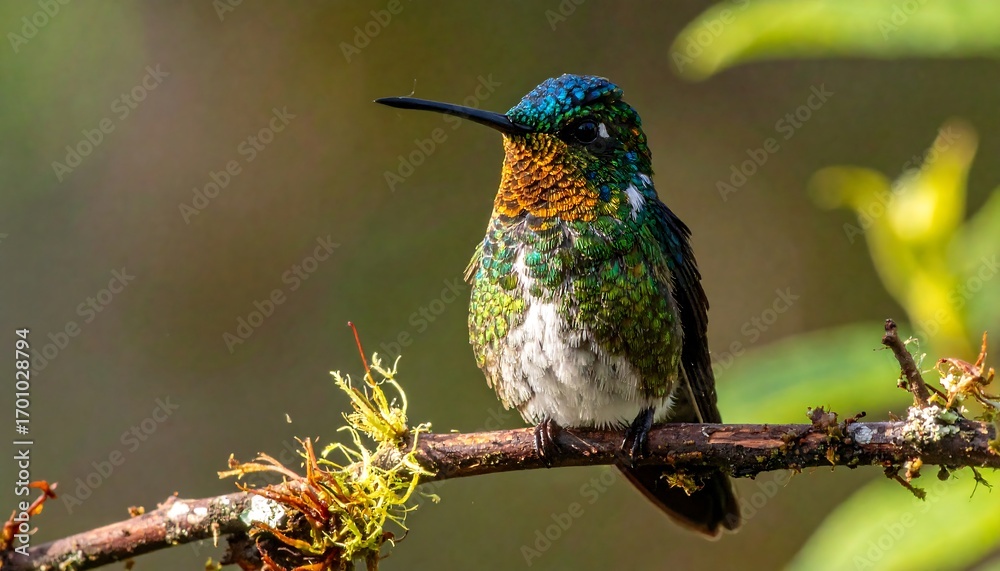 Obraz premium A vibrantly colored hummingbird perches serenely on a branch, showcasing its iridescent plumage in a shallow depth-of-field shot.