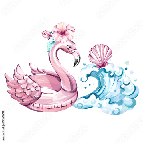 Bright and vibrant summer vibes with a pink flamingo pool float enjoying the ocean waves, adorned with tropical flowers, perfect for beach holidays and festive occasions