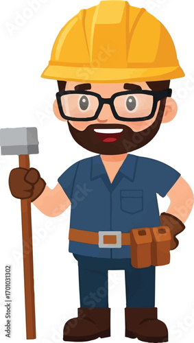 Happy Carpenter Man with Hammer and Protective Gear