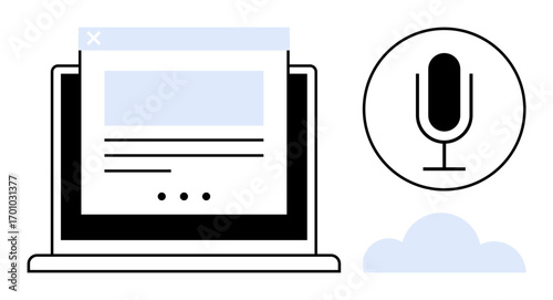 Open laptop with browser window interface, microphone symbol, and cloud. Ideal for technology, communication, data storage, voice recognition, remote working, cloud computing simple landing page