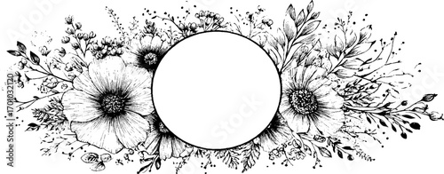 Vintage floral engraving style illustration of wildflowers with circular centerpiece for design décor