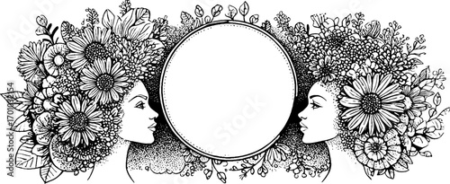 Vintage engraving of female portraits with floral elements and blank circle for design