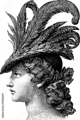 Vintage engraving style portrait of woman with ornate feathered hat