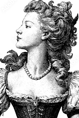Vintage engraving style illustration of female portrait with elegant hairstyle