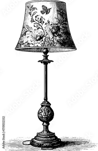 Vintage engraving style illustration of a floor lamp with floral design for home decor