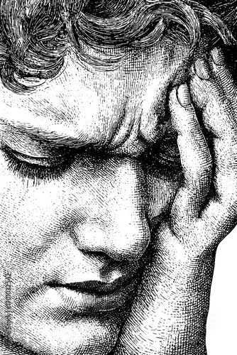 Vintage engraving style illustration of thoughtful expression for design and decor