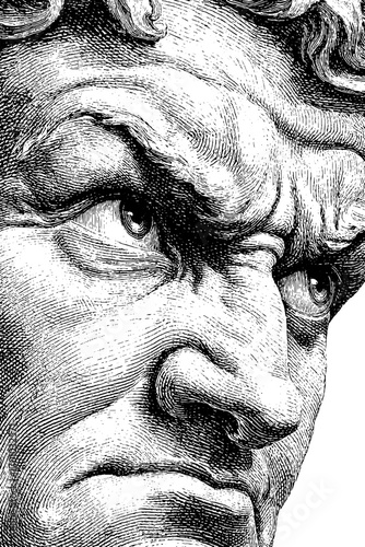 Vintage engraving style portrait sketch of forehead with intense expression
