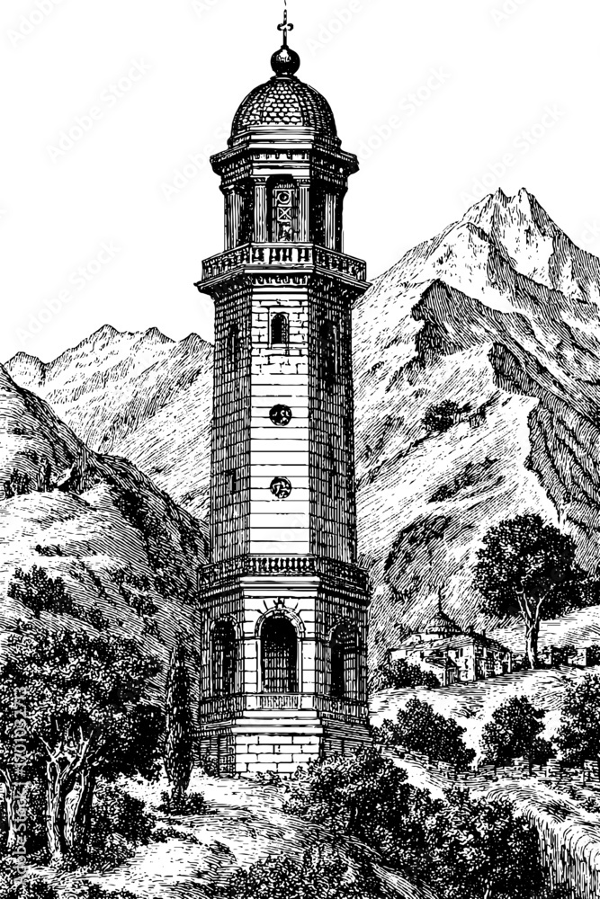 Obraz premium Vintage engraving style illustration of historical fortress tower in mountain landscape