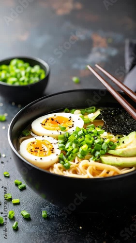 Close-up of flavorful Asian noodle soup with eggs, avocado, seaweed, and green onion garnish in dark bowl with chopsticks