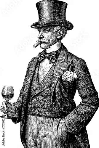 Vintage gentleman in top hat and suit with engraving style for retro design