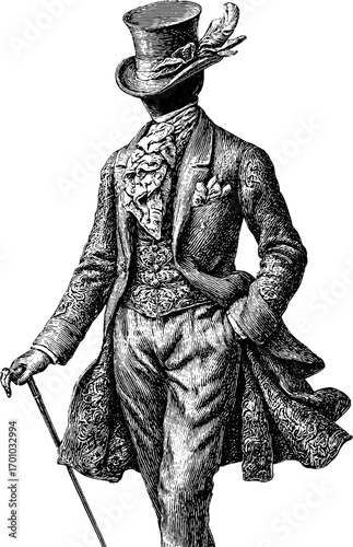 Elegant gentleman in vintage victorian attire, retro hand drawn illustration for design