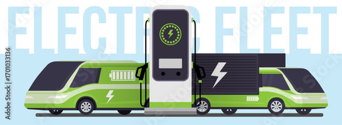 Electric fleet of cargo vans and trucks charging at central station, symbolizing clean energy, zero emission, eco friendly logistics, and the future of sustainable transport.