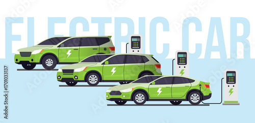 Set of electric cars charging at stations, symbolizing clean energy, zero emissions, eco friendly mobility, and the future of sustainable transportation.