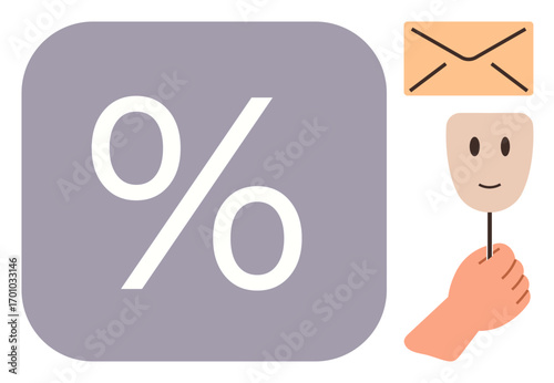 Large percentage symbol in a purple box, envelope in the corner, hand holding a smiling mask. Ideal for marketing, discount, communication, identity, anonymity, offers simple flat metaphor