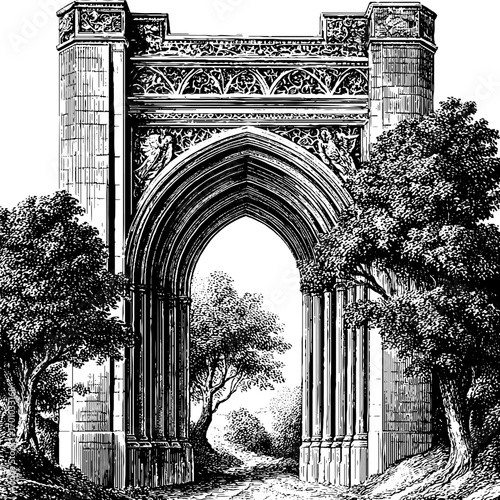 Gothic archway in vintage engraving style for design and decor