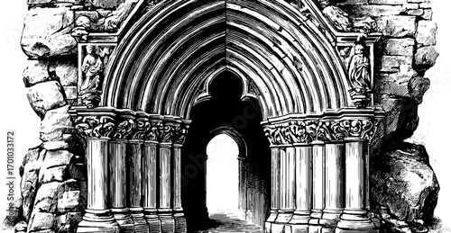 Gothic architecture entrance in vintage engraving style for historical design projects