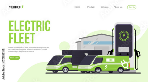 Website landing page showing electric fleet with vans and trucks charging at station, symbolizing clean energy, zero emission, and sustainable logistics transport.