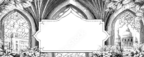 Vintage gothic architecture frame etched in engraving style for design