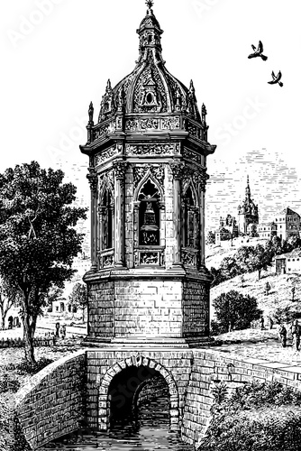 Gothic architecture in vintage engraving style: historical illustrative scene for retro design