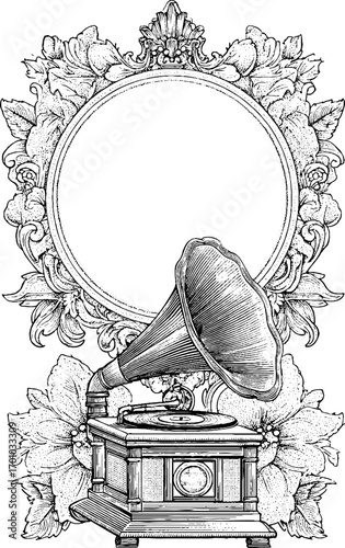 Vintage gramophone engraving with ornate floral frame for retro design