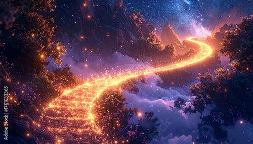 A luminous pathway winds through a fantastical mountain landscape, illuminated by ethereal fireflies and starlight.