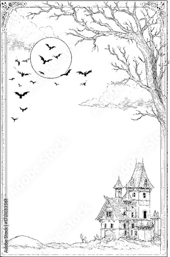 Vintage halloween scene with haunted house and bats under full moon - retro design for posters and cards