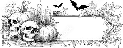 Vintage halloween design with skulls, pumpkins, and bats for seasonal decorations