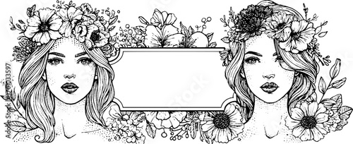 Vintage engraving style halloween art featuring floral adorned faces for design use