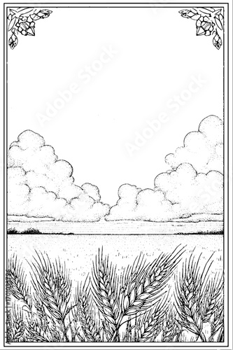 Vintage harvest scene with grain fields under a cloudy sky in engraving style
