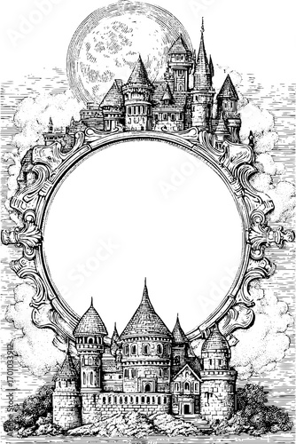 Vintage haunted castle illustration with ornate frame - hand drawn etched design for posters or cards
