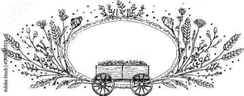 Vintage hay cart with floral design illustration - perfect for retro posters and labels