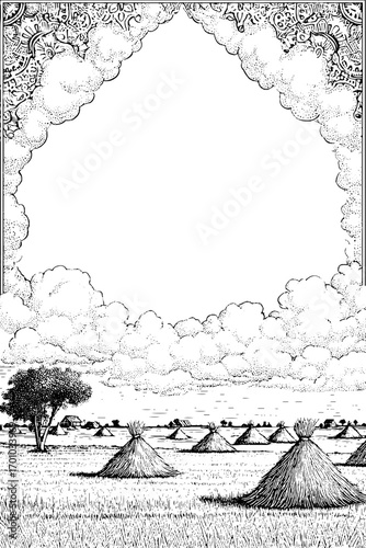 Vintage engraving style illustration of rural haystacks scene for design