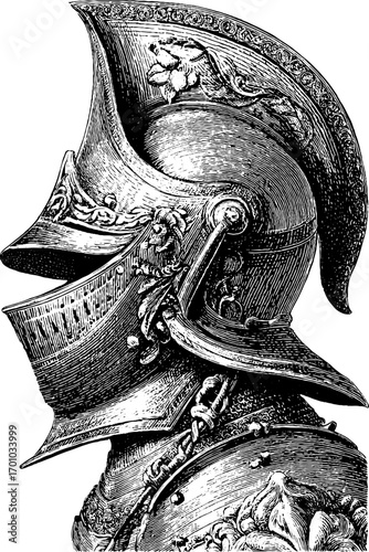 Vintage engraving style illustration of ornate helmet design for historical art projects