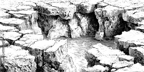 Vintage engraving of ice crack formation with detailed texture design for poster and label use